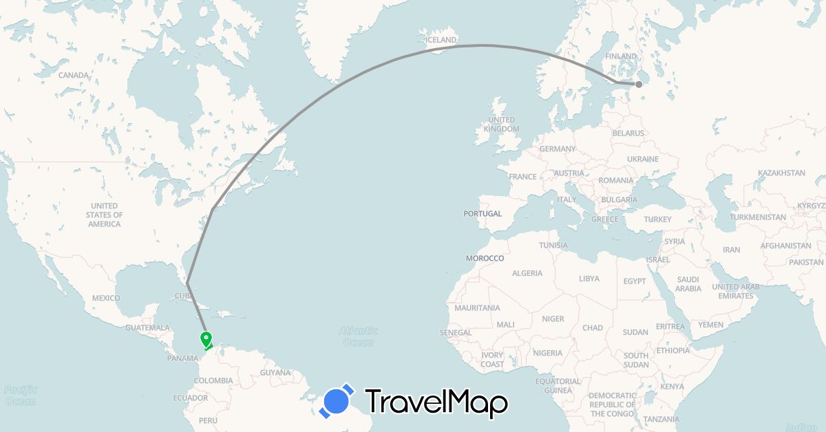 TravelMap itinerary: driving, bus, plane in Colombia, Finland, Russia, United States (Europe, North America, South America)